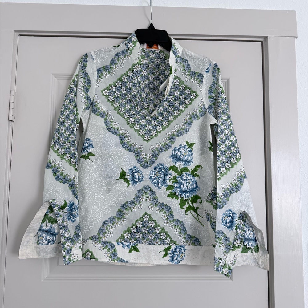 Tory Burch Blue & Green Floral V-Neck Tunic
